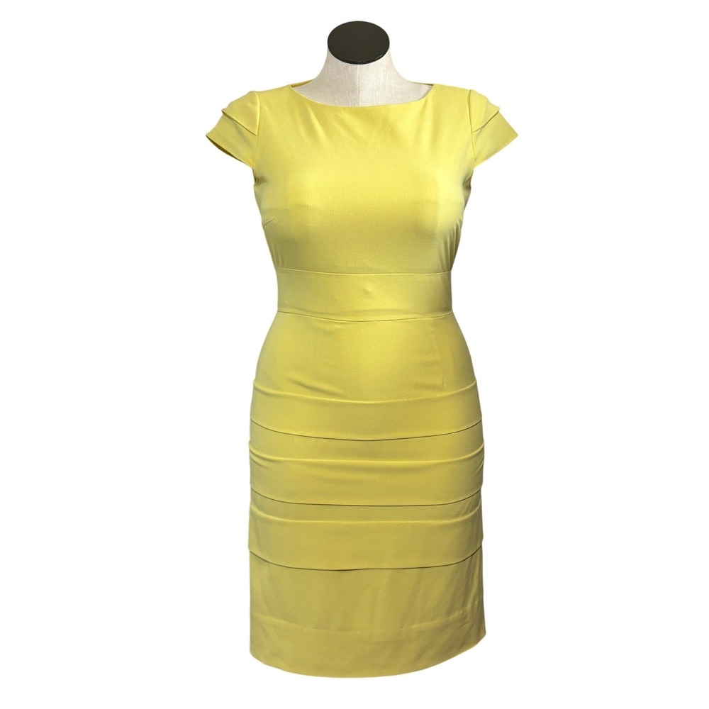Tahari Arthur S Levine Yellow Tiered Cap Sleeve Sheath Dress Size 8 Career Party